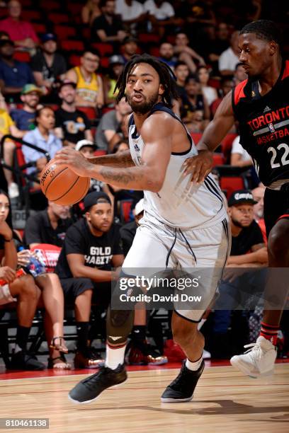 James Young of the New Orleans Pelicans handles the ball during the game against the Toronto Raptors during the 2017 Las Vegas Summer League on July...