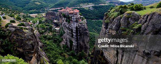 View of the Varlaam Monastery at Meteora on May 9, 2008 in Athens, Greece. Monks and hermits have found refuge for over 1,000 years at the gigantic...