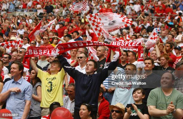 Ebbsfleet fans cheer on their team during the FA Trophy Final between Ebbsfleet United and Torquay United at Wembley Stadium on May 10, 2008 in...