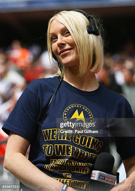 Sky Sports Presenter and Torquay fan, Helen Chamberlain commentates during the FA Trophy Final between Ebbsfleet United and Torquay United at Wembley...