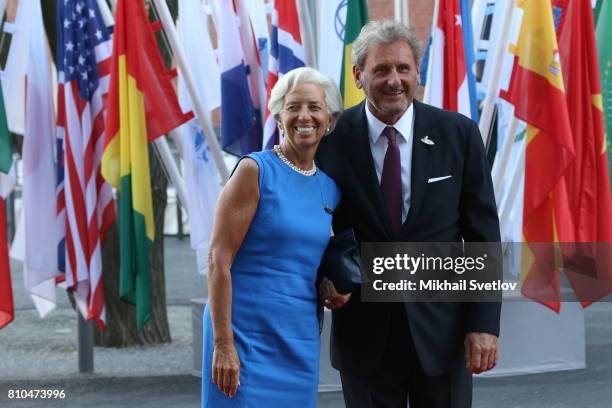 Managing Director of the IMF Christine Lagarde and her husband Xavier Giocanti arrive to the Elbphilharmone for the dinner during the G20 Summit on...