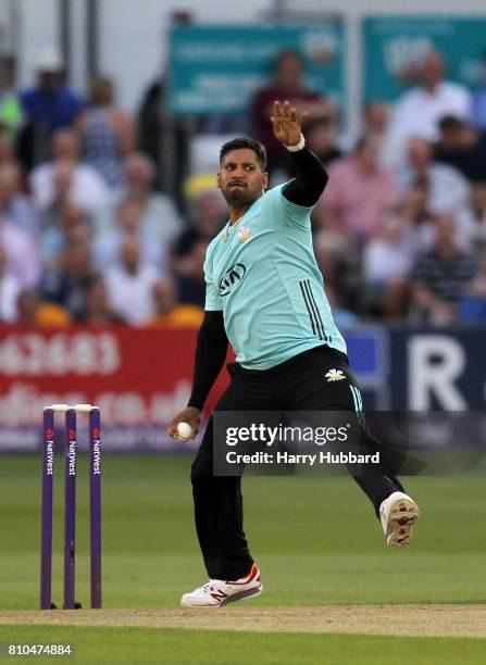 Ravi Rampaul of Surrey in action during the Natwest T20 Blast match between Essex and Surrey at Cloudfm County Ground on July 7, 2017 in Chelmsford,...