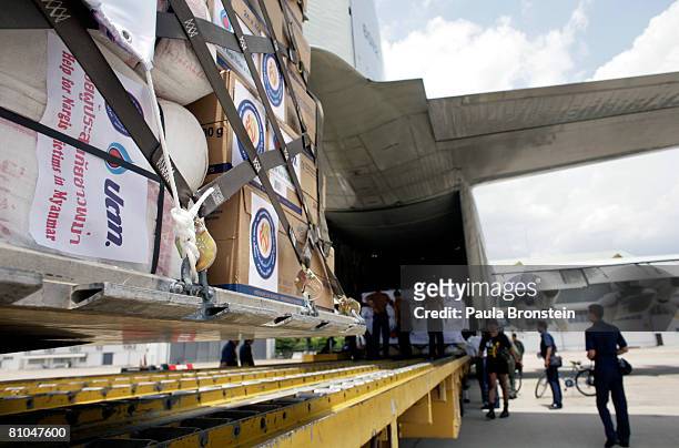 Thai soldiers load supplies heading towards Myanmar onto a cargo plane at the military airport May 10, 2008 in Bangkok, Thailand. Myanmar's junta...