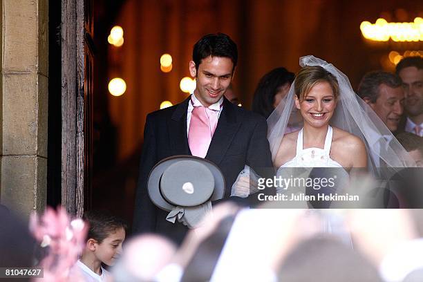 Gurvan Rallon and Jeanne-Marie Martin leave St Pierre de Neuilly church on May 10, 2008 in Paris, France.