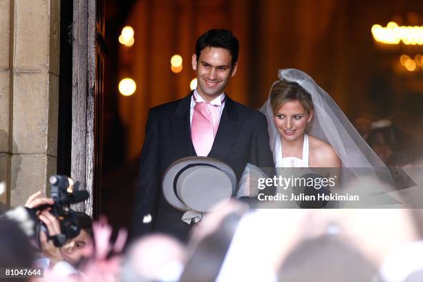 Gurvan Rallon and Jeanne-Marie Martin leave St Pierre de Neuilly church on May 10, 2008 in Paris, France.