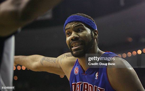 Rasheed Wallace of the Detroit Pistons reacts after being called for a foul against Dwight Howard of the Orlando Magic in Game Four of the Eastern...