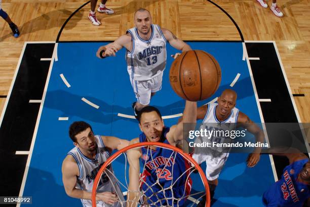 Tayshaun Prince of the Detroit Pistons dunks against the Orlando Magic in Game Four of the Eastern Conference Semifinals during the 2008 NBA Playoffs...