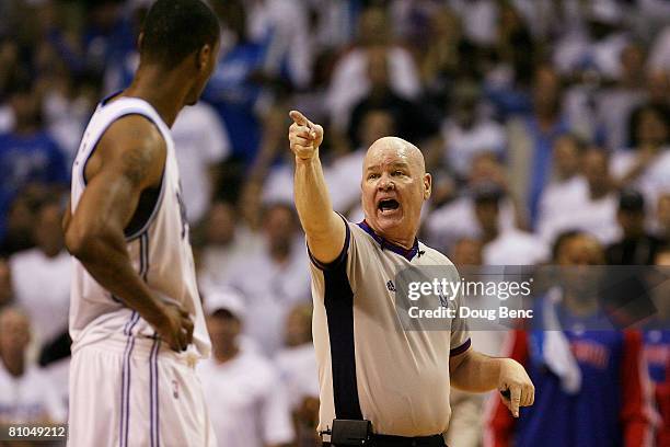 Official Joe Crawford calls Rashard Lewis of the Orlando Magic for a technical foul late in the fourth quarter while taking on the Detroit Pistons in...