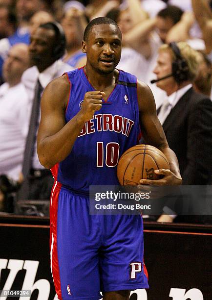 Lindsey Hunter of the Detroit Pistons reacts after chasing down the rebound as time expired in the vitory over the Orlando Magic in Game Four of the...