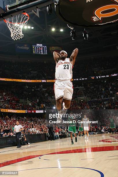 LeBron James of the Cleveland Cavaliers breaks away for an uncontested dunk against the Boston Celtics in Game Three of the 2008 NBA Eastern...