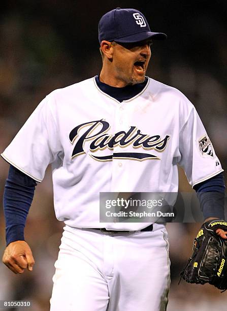 Closer Trevor Hoffman of the San Diego Padres celebrates after getting the final out against the Colorado Rockies on May 10, 2008 at Petco Park in...