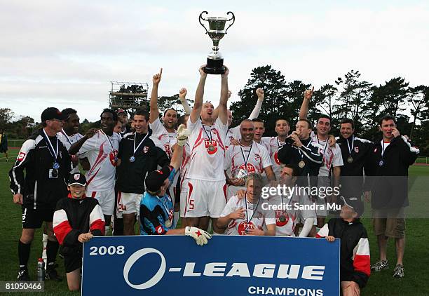 Waitakere United celebrate after winning the second leg of the O-League Final match between Waitakere United and Kossa F.C held at Trusts Stadium May...