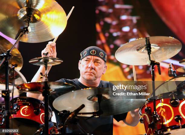 Rush drummer Neil Peart performs at the Mandalay Bay Events Center on May 10, 2008 in Las Vegas, Nevada. The rock trio are touring in support of the...