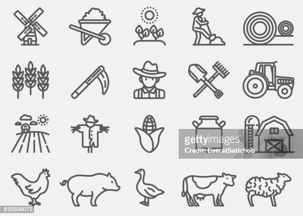 illustrations, cliparts, dessins animés et icônes de élevage et agriculture ligne icônes - champs et lait