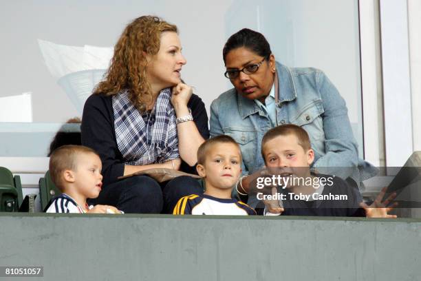 David Beckham's son's Cruz , Romeo and Brooklyn Beckham watch the Major League Soccer match between New York Red Bulls and LA Galaxy at the Home...