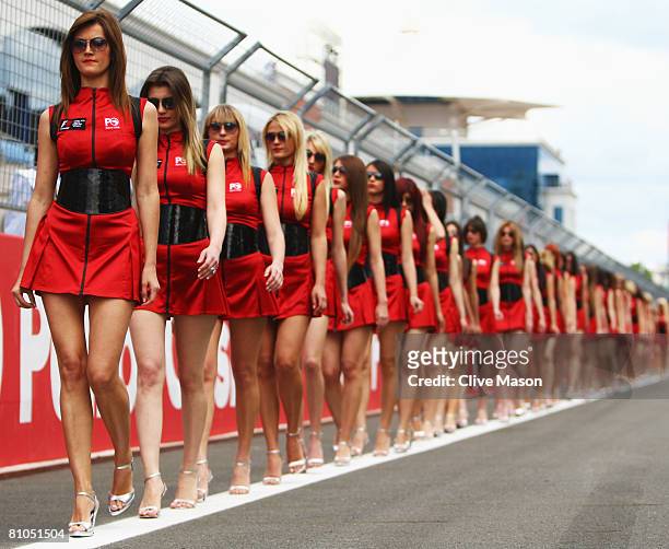 Grid girls line up before the start of the Turkish Formula One Grand Prix at Istanbul Park on May 11 in Istanbul, Turkey.