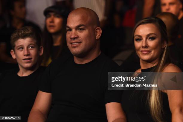 Former UFC light heavyweight champion and hall of famer Tito Ortiz is seen in attendance with girlfiend Amber Miller and son Jacob during The...