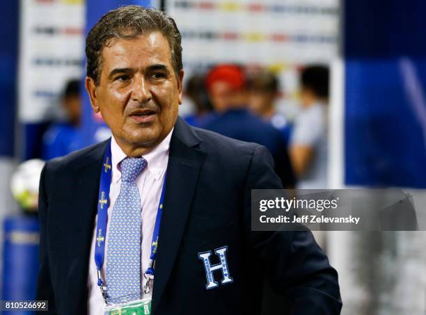 Head coach Jorge Luis Pinto of Honduras stands on the sidelines before their CONCACAF Gold Cup match against Costa Rica at Red Bull Arena on July 7,...