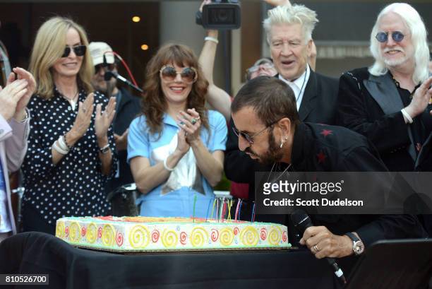 Barbara Bach, Jenny Lewis, David Lynch, Ringo Starr and Edgar Winter celebrate Ringo's 77th birthday with friends and fans at the annual "Peace &...