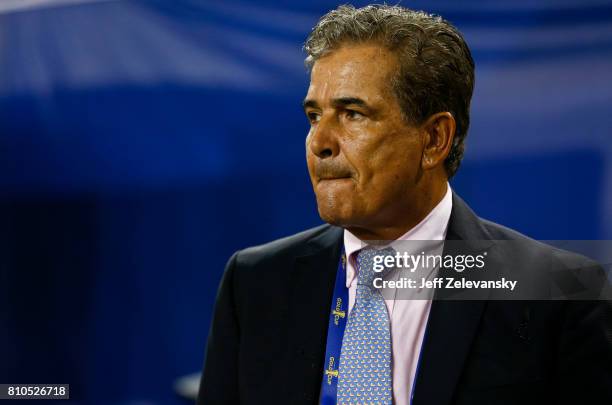 Head coach Jorge Luis Pinto of Honduras stands on the sidelines before their CONCACAF Gold Cup match against Costa Rica at Red Bull Arena on July 7,...