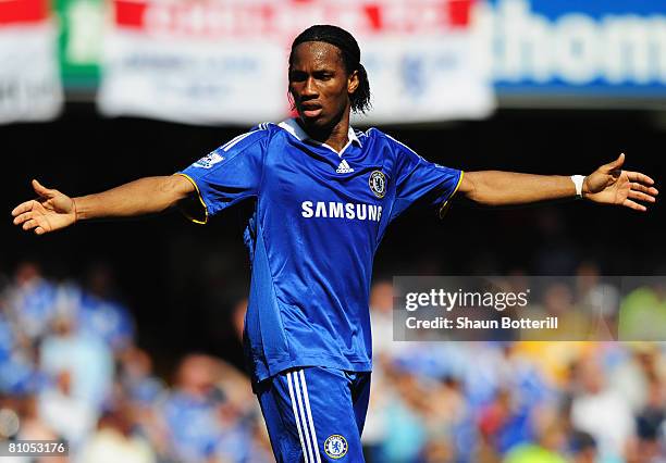 Didier Drogba of Chelsea gestures during the Barclays Premier League match between Chelsea and Bolton Wanderers at Stamford Bridge on May 11, 2008 in...