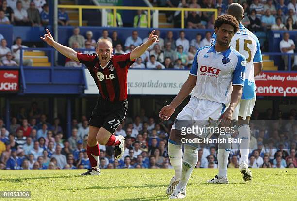 Danny Murphy of Fulham cel;ebrates after scoring the opening goal during the Barclays Premier League match between Portsmouth and Fulham at Fratton...