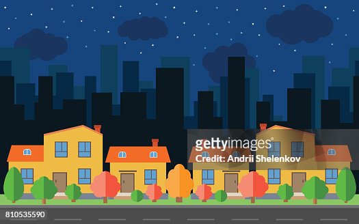 Vector Night City With Four Cartoon Houses And Buildings City Space With  Road On Flat Style Background Concept High-Res Vector Graphic - Getty Images