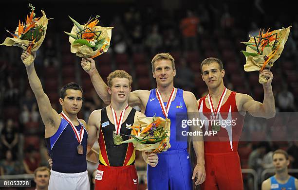 Greece's Vlasios Maras, horizontal bar's world and european champion German Fabian Hambuechen, Slovenia's Aljaz Pegan and Turkey's Umit Samiloglu...