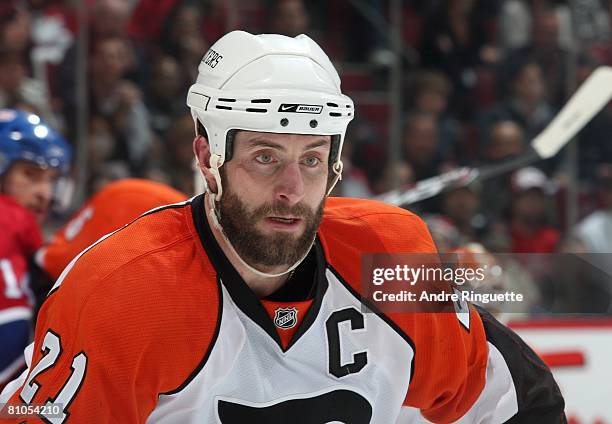 Jason Smith of the Philadelphia Flyers skates against the Montreal Canadiens during game five of the Eastern Conference Semifinals of the 2008 NHL...