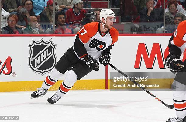 Jeff Carter of the Philadelphia Flyers skates against the Montreal Canadiens during game five of the Eastern Conference Semifinals of the 2008 NHL...