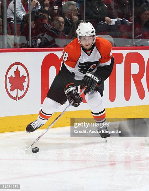 Daniel Briere of the Philadelphia Flyers stickhandles the puck against the Montreal Canadiens during game five of the Eastern Conference Semifinals...