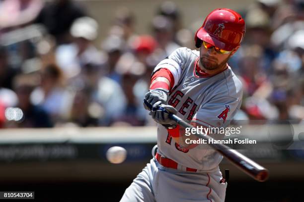 Nick Franklin of the Los Angeles Angels of Anaheim takes an at bat against the Minnesota Twins during the game on July 4, 2017 at Target Field in...