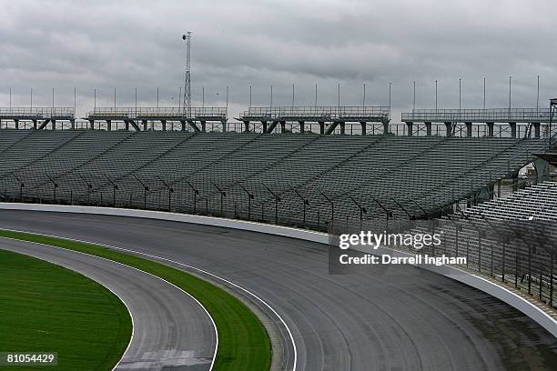 The view looking down onto the deserted Turn 1 as rain cancels the second day of qualifying for the IRL IndyCar Series 92nd running of the...