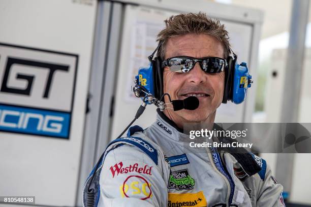 Scott Pruett is shown in the pits during practice for the Mobil Sportscar Grand Prix IMSA WeatherTech Aeries race at Canadian Tire Mosport Park on...