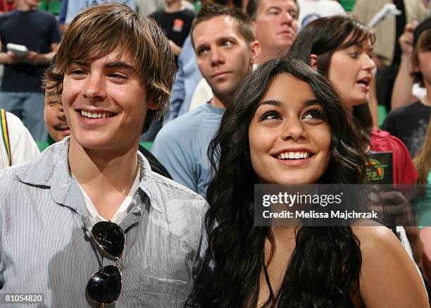 High School Musical series stars Zac Efron and Vanessa Hudgens take in the matchup between the Utah Jazz and the Los Angeles Lakers in Game Four of...
