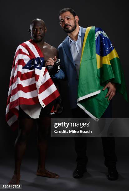 Jared Cannonier poses for a portrait backstage with UFC and Pride legend Rodrigo Minotauro Nogueira after his victory over Nick Roehrick during The...