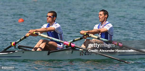 Frederic Dufour and Maxime Goisset of France compete in the Lightweight Men's Double Sculls final race during day 4 of the FISA Rowing World Cup at...