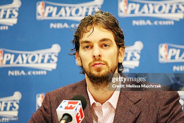 Pau Gasol of the Los Angeles Lakers gives a post game interview after his team fell to the Utah Jazz in Game Four of the Western Conference...