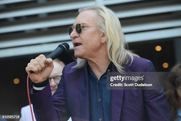 Musician Joe Walsh of The Eagles celebrates Ringo Starr's 77th birthday at the annual "Peace & Love" celebration at Capitol Records Tower on July 7,...