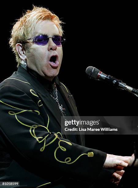 Singer Elton John performs on stage at the Sydney Entertainment Centre on May 12, 2008 in Sydney, Australia.