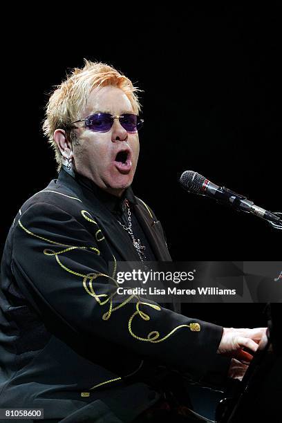 Singer Elton John performs on stage at the Sydney Entertainment Centre on May 12, 2008 in Sydney, Australia.