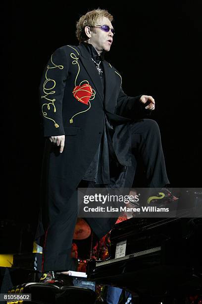 Singer Elton John performs on stage at the Sydney Entertainment Centre on May 12, 2008 in Sydney, Australia.