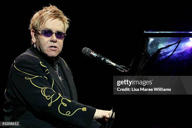 Singer Elton John performs on stage at the Sydney Entertainment Centre on May 12, 2008 in Sydney, Australia.