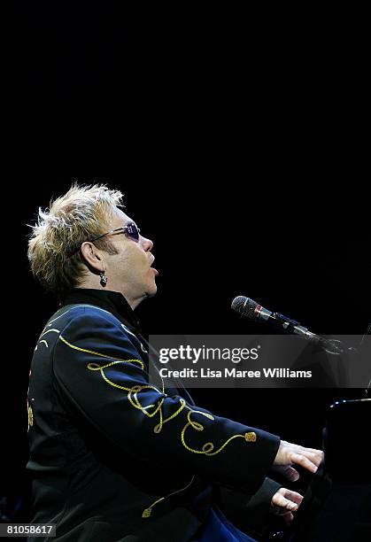 Singer Elton John performs on stage at the Sydney Entertainment Centre on May 12, 2008 in Sydney, Australia.