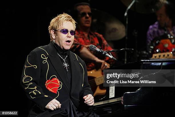 Singer Elton John performs on stage at the Sydney Entertainment Centre on May 12, 2008 in Sydney, Australia.