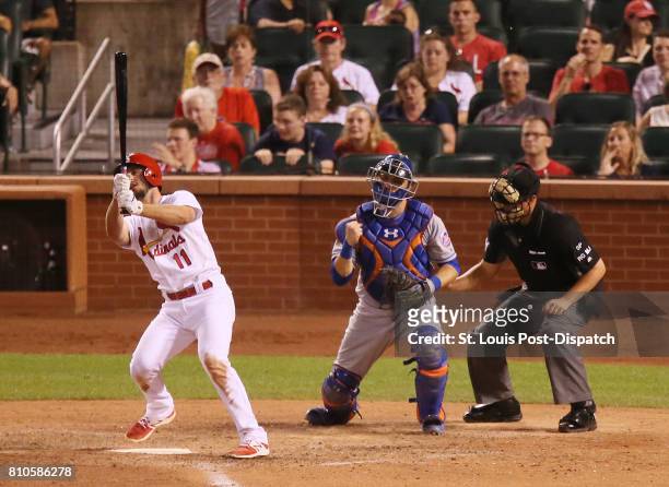 New York Mets catcher Travis D'Arnaud reacts as the St. Louis Cardinals' Paul DeJong strikes out to end the game on Friday July 7 at Busch Stadium in...