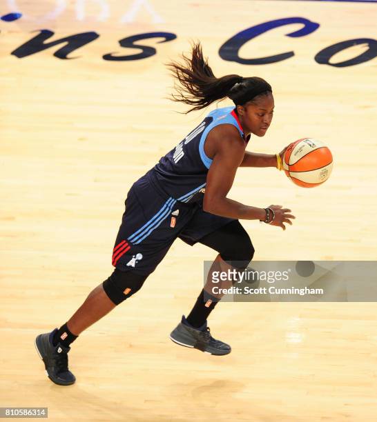 Matee Ajavon of the Atlanta Dream handles the ball against the Indiana Fever on July 7, 2017 at Hank McCamish Pavilion in Atlanta, Georgia. NOTE TO...