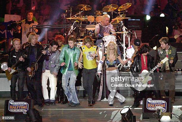 Aerosmith and Britney Spears all perform during the halftime show for Super Bowl XXXV January 28, 2001 at the Raymond James Stadium in Tampa, FL.