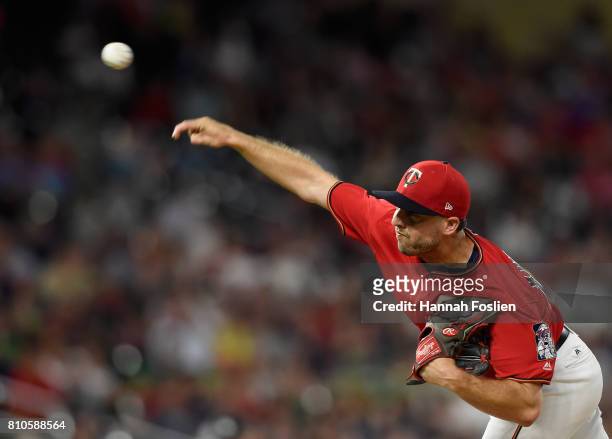 Brandon Kintzler of the Minnesota Twins delivers a pitch against the Baltimore Orioles during the ninth inning of the game on July 7, 2017 at Target...