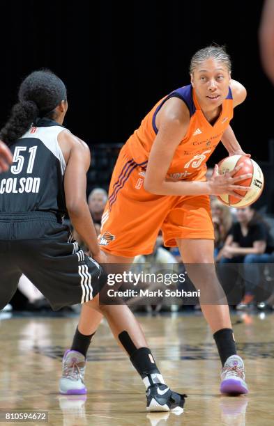 Alexis Prince of the Phoenix Mercury handles the ball against the San Antonio Stars on July 7, 2017 at the AT&T Center in San Antonio, Texas. NOTE TO...